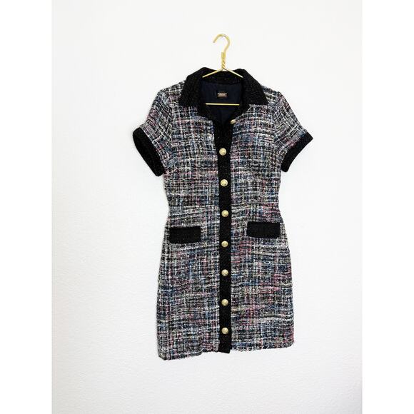 ALEXIA ADMOR Jenni Collar Button Down Tweed Shirt Mini Dress Size Medium Preppy - Picture 3 of 12